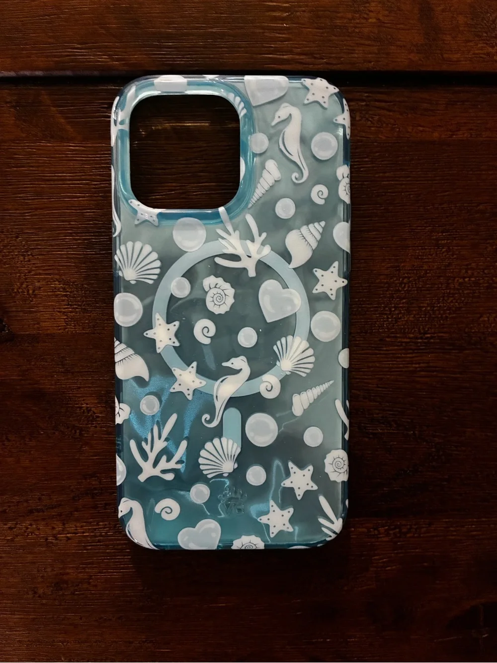 Velvet Caviar Teal Clear Phone Case with White Seahorse & Shell Motif